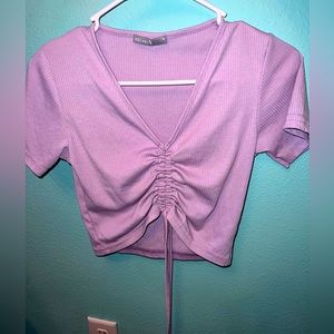 Zechka lavender ruched drawstring crop top
